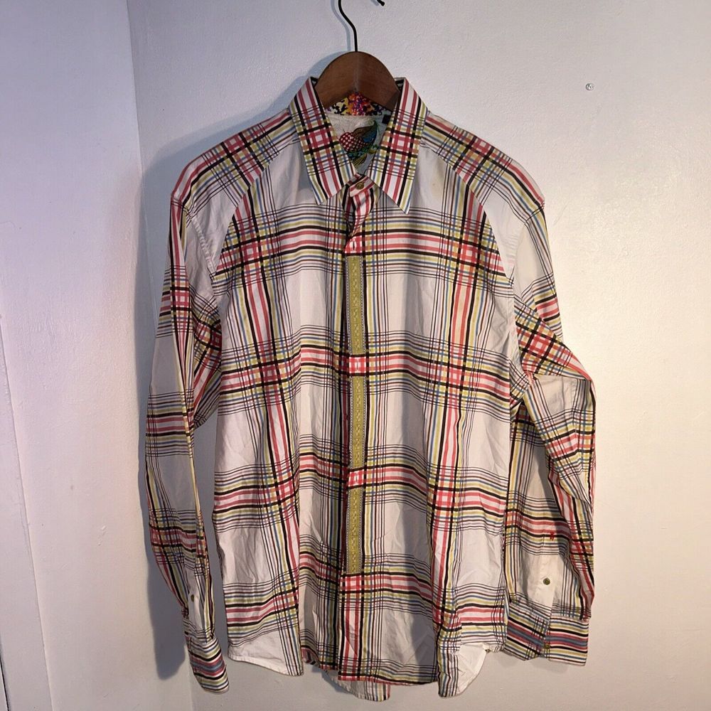 A2 ROBERT GRAHAM Shirt Mens L Hidden Snap Button Flip Cuff Long Sleeve EUC